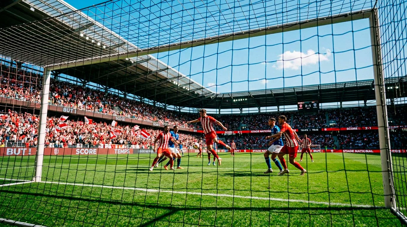 Supporters dans les tribunes d'un stade de football au Canada avec des drapeaux rouges et blancs