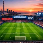 Stade de football à Toronto avec le terrain vert et la skyline de la ville en arrière-plan