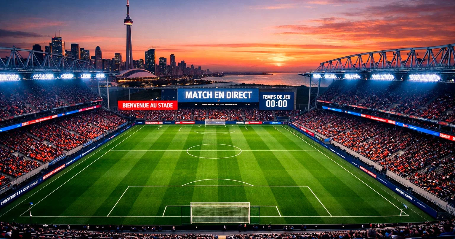 Stade de football à Toronto avec le terrain vert et la skyline de la ville en arrière-plan