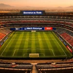 Grand stade historique de Mexico avec les gradins en béton et le terrain de football vert