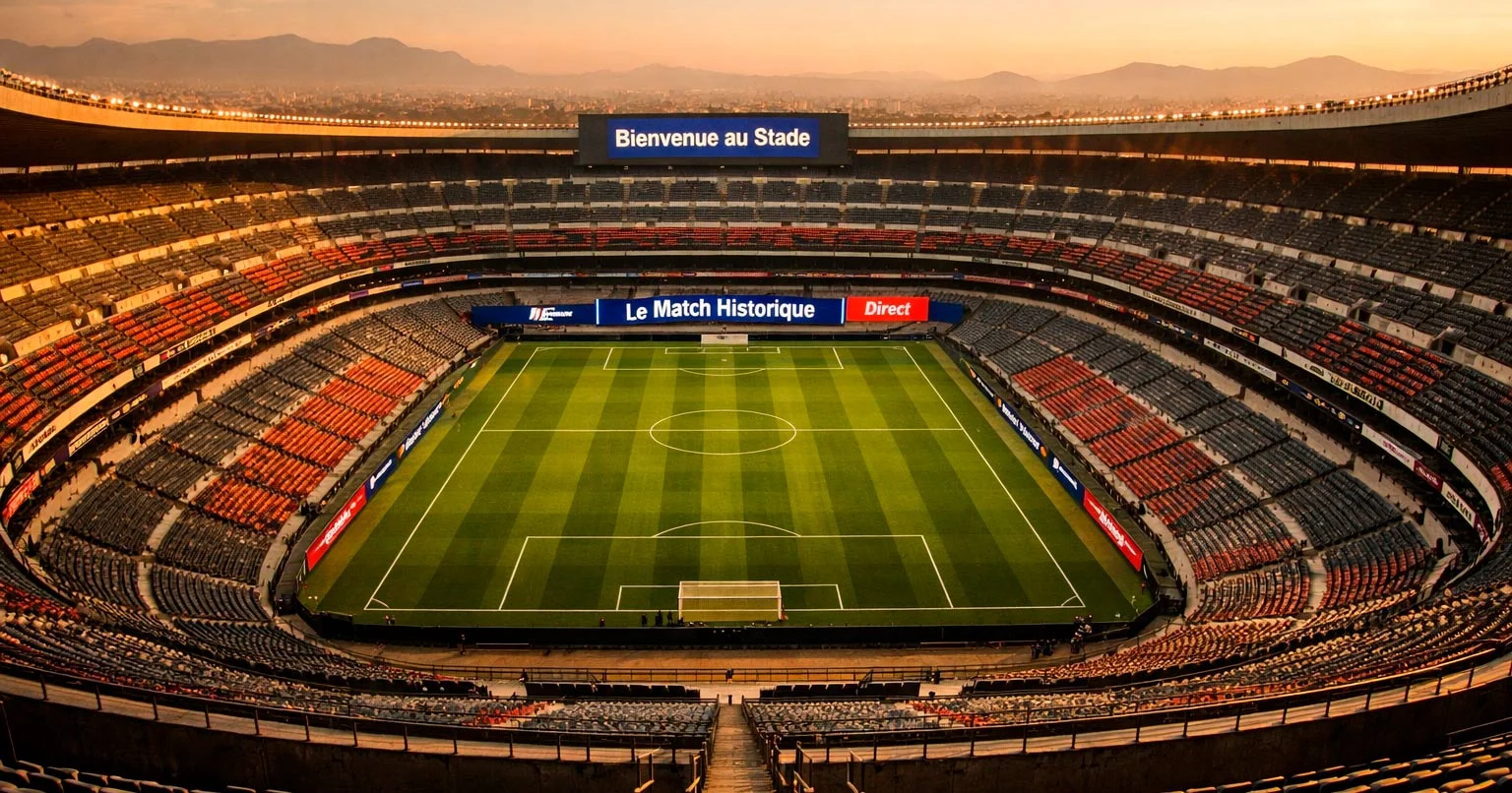Grand stade historique de Mexico avec les gradins en béton et le terrain de football vert