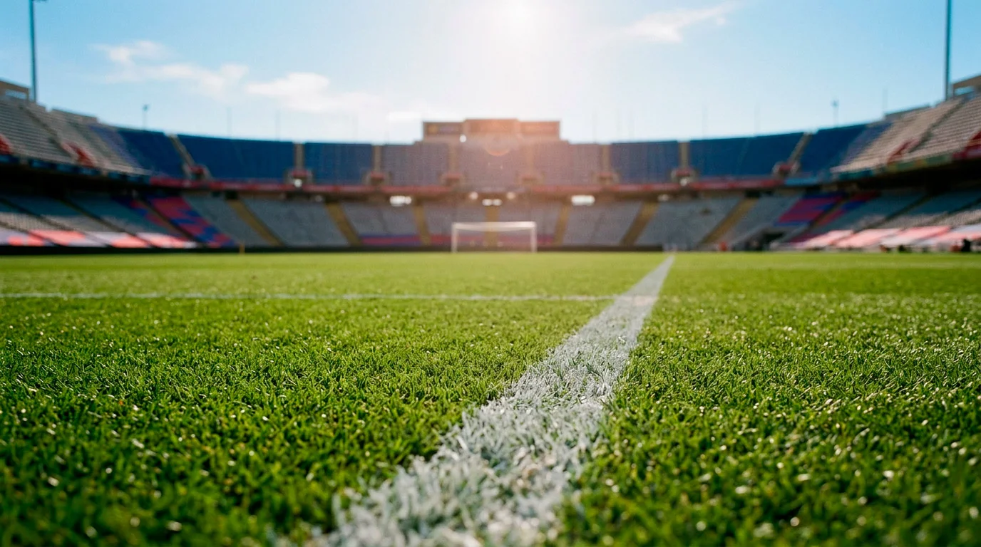Terrain de football professionnel vu depuis la ligne médiane avec les tribunes vides en arrière-plan