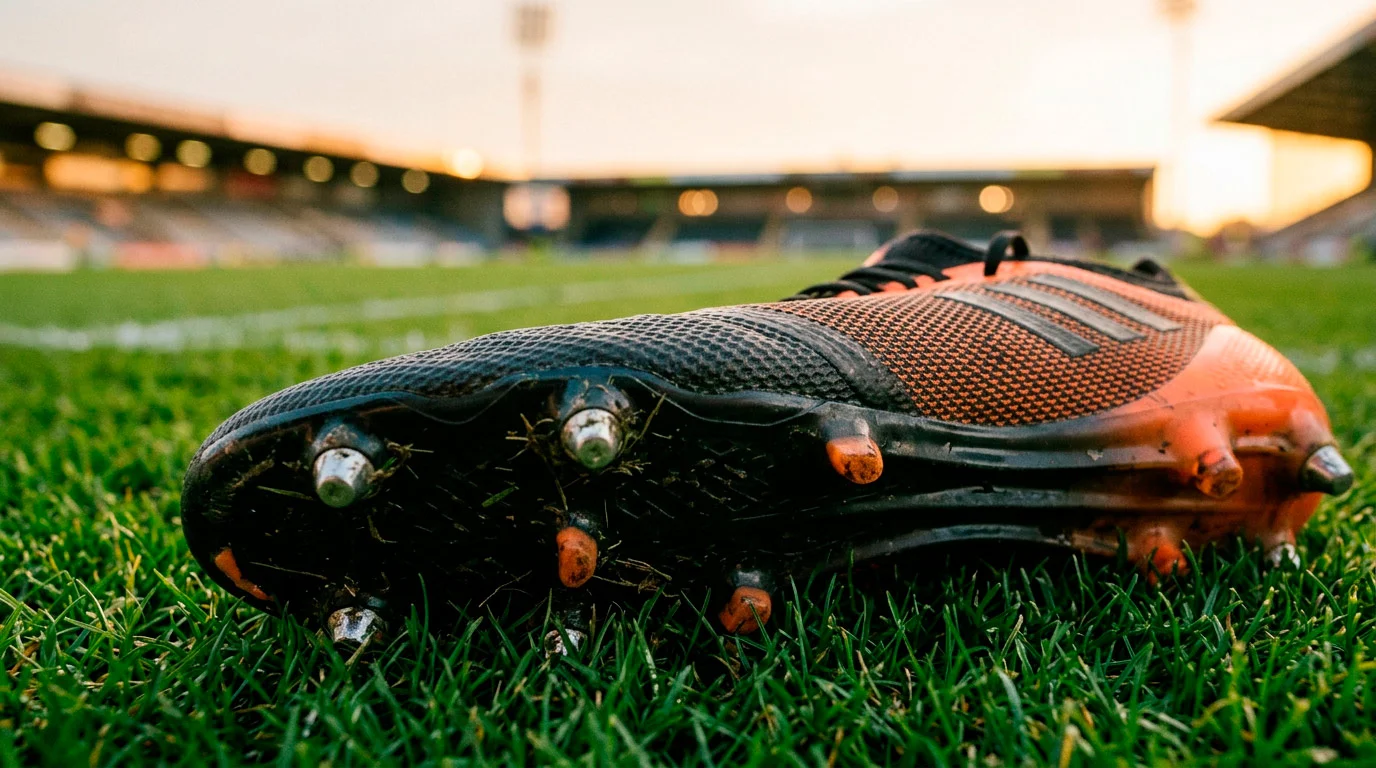 Gros plan sur les crampons d'une chaussure de football posée sur le gazon d'un terrain professionnel