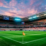 Stade de football canadien illuminé le soir avec le gazon vert vif et les gradins remplis