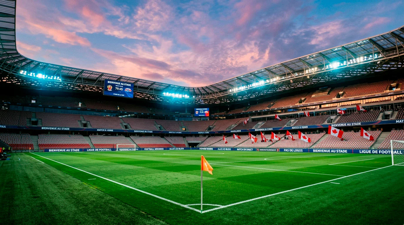 Stade de football canadien illuminé le soir avec le gazon vert vif et les gradins remplis