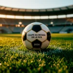 Ballon de football posé sur un terrain avec les couleurs dorées du coucher de soleil en arrière-plan