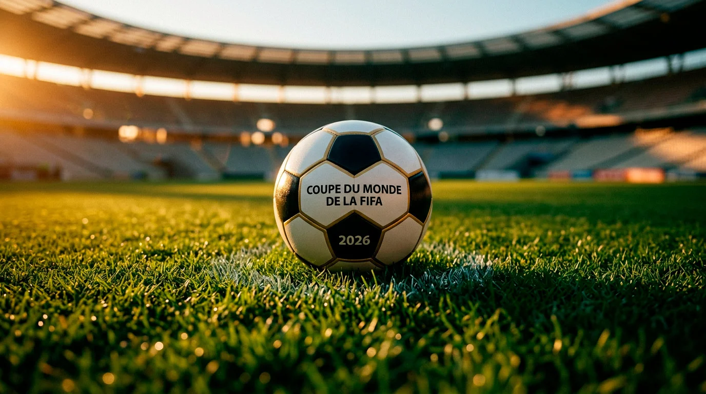 Ballon de football posé sur un terrain avec les couleurs dorées du coucher de soleil en arrière-plan