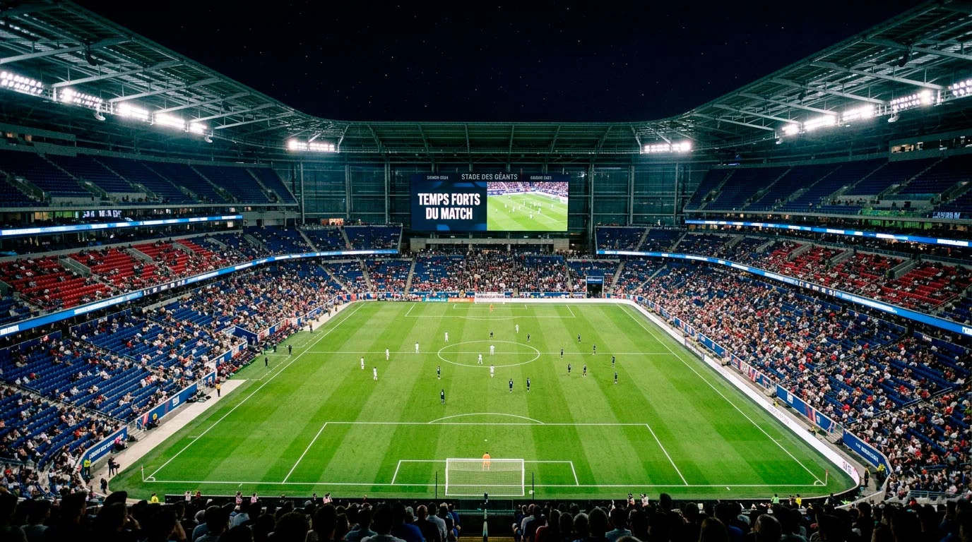Stade américain de football avec un terrain parfaitement entretenu sous les projecteurs
