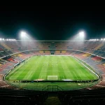 Projecteurs de stade illuminant un terrain de football vu depuis les gradins supérieurs