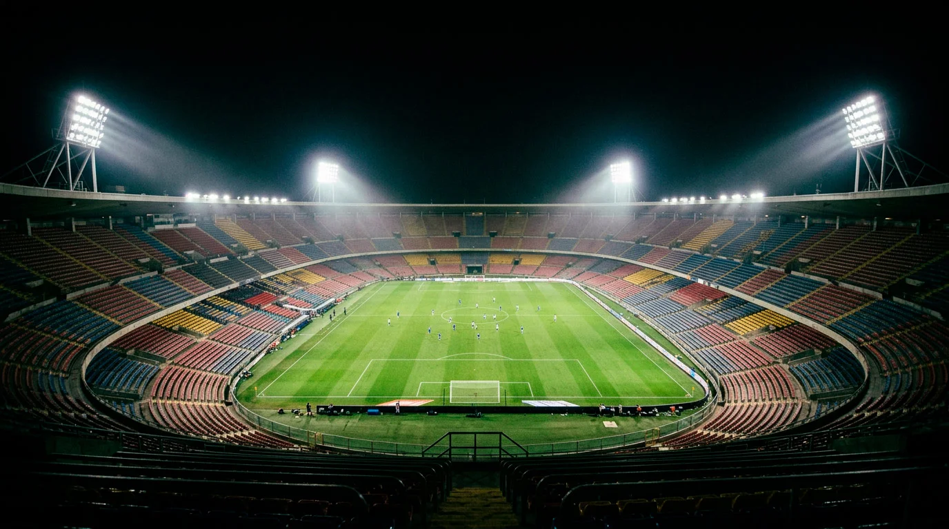 Projecteurs de stade illuminant un terrain de football vu depuis les gradins supérieurs