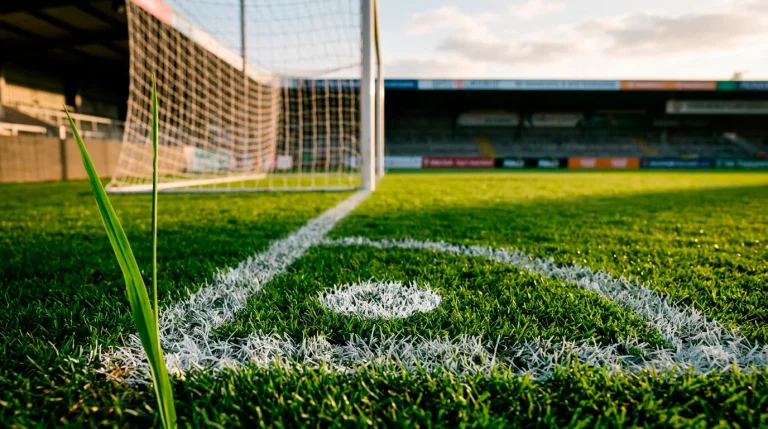 Surface de jeu d'un stade de football avec les marquages de la surface de réparation