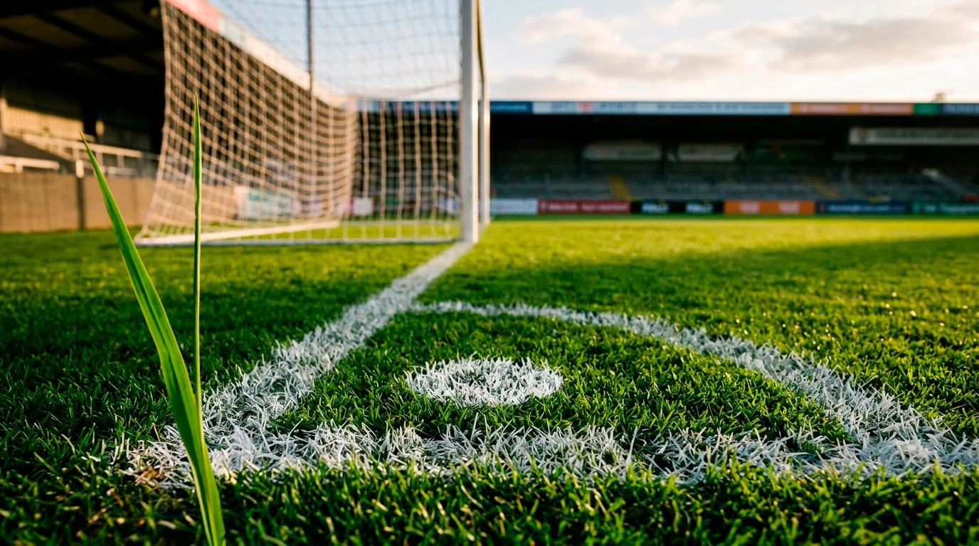 Surface de jeu d'un stade de football avec les marquages de la surface de réparation