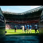 Entrée du tunnel des joueurs menant au terrain de football d'un grand stade