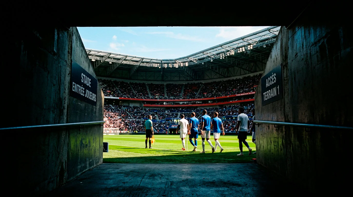 Entrée du tunnel des joueurs menant au terrain de football d'un grand stade