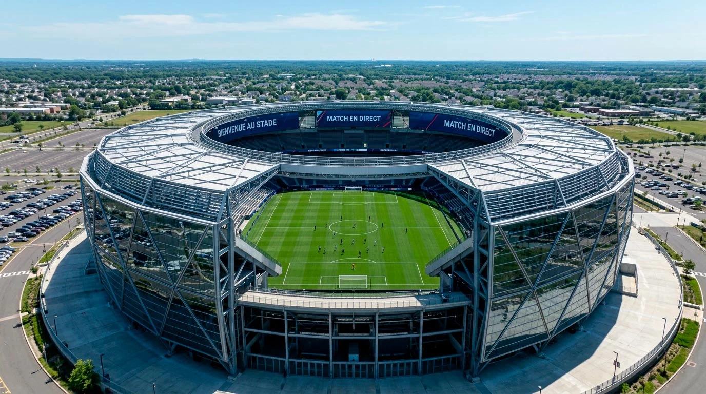 Vue aérienne d'un grand stade américain de football avec un terrain vert et une architecture moderne