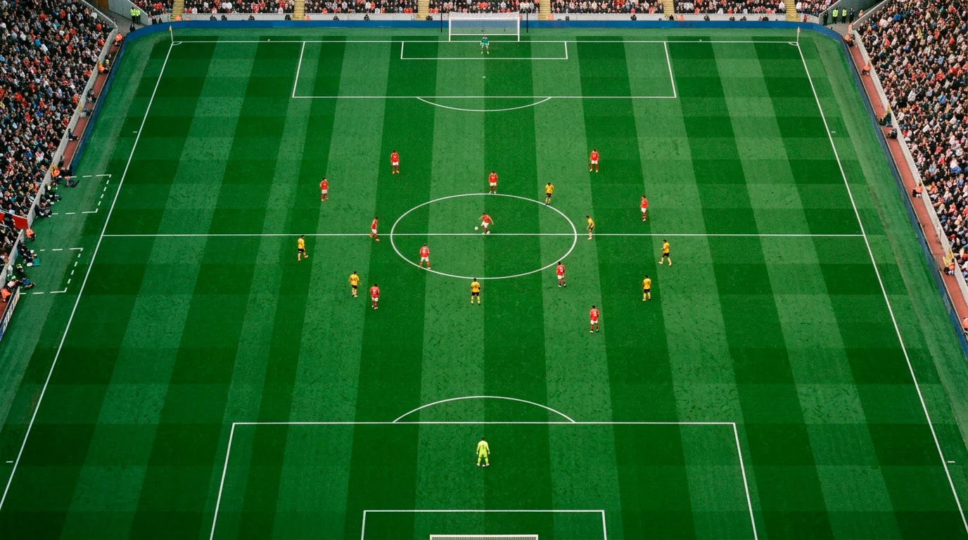 Vue aérienne d'un terrain de football avec des joueurs en maillots de différentes couleurs lors d'un match de phase de groupes